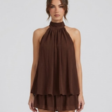 Robe Mini Col Montant Halter Dos Nu Volants Étagés