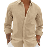 Chemise Homme Coton Lin Col Classique Poche Poitrine