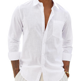 Chemise Homme Coton Lin Col Classique Poche Poitrine