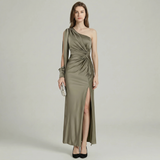 Robe Maxi Satinée à Épaule Unique avec Fente