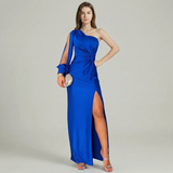 Robe Maxi Satinée à Épaule Unique avec Fente
